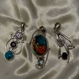 Lot of 3 gorgeous multistone gemstone and silver work pendants